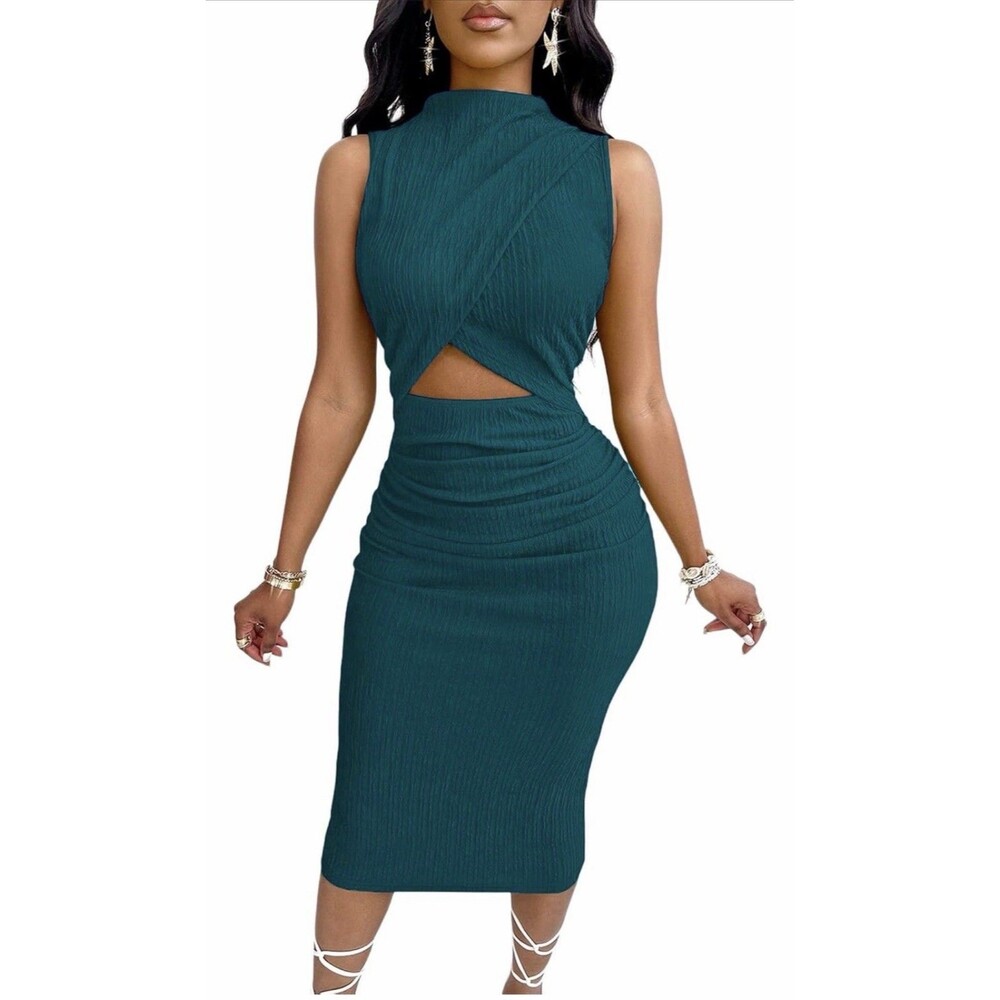 High Neckline Waistline Cut Out Ruched Sleeveless Bodycon Dress Sz 2x NWT